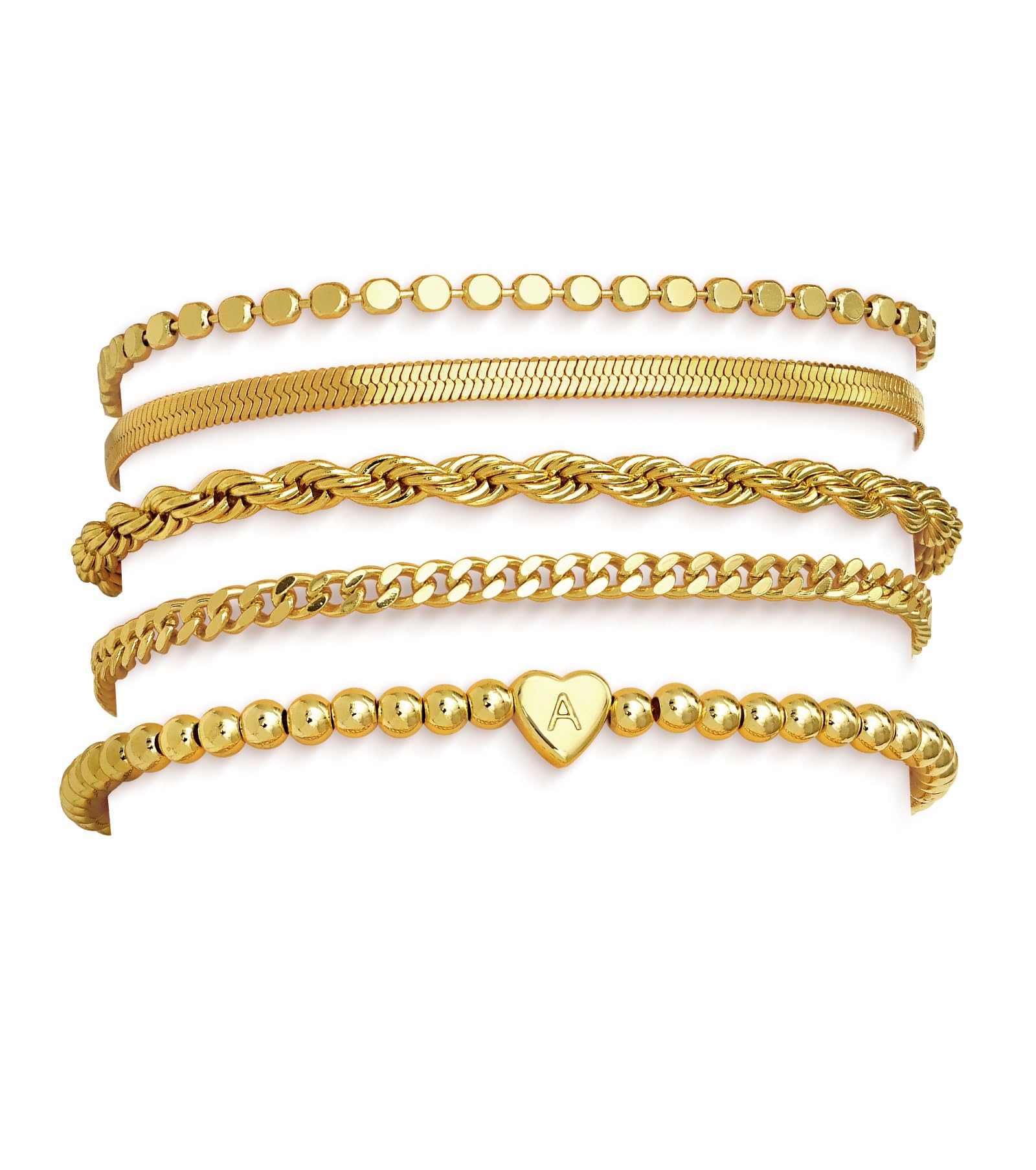 doubgood Gold Bracelets for Women Waterproof Stackable Heart Initial Charm Bracelets Set A Letter 14K Gold Plated Adjustable Chain Link Stack Jewelry Gifts for Women Mother's Day