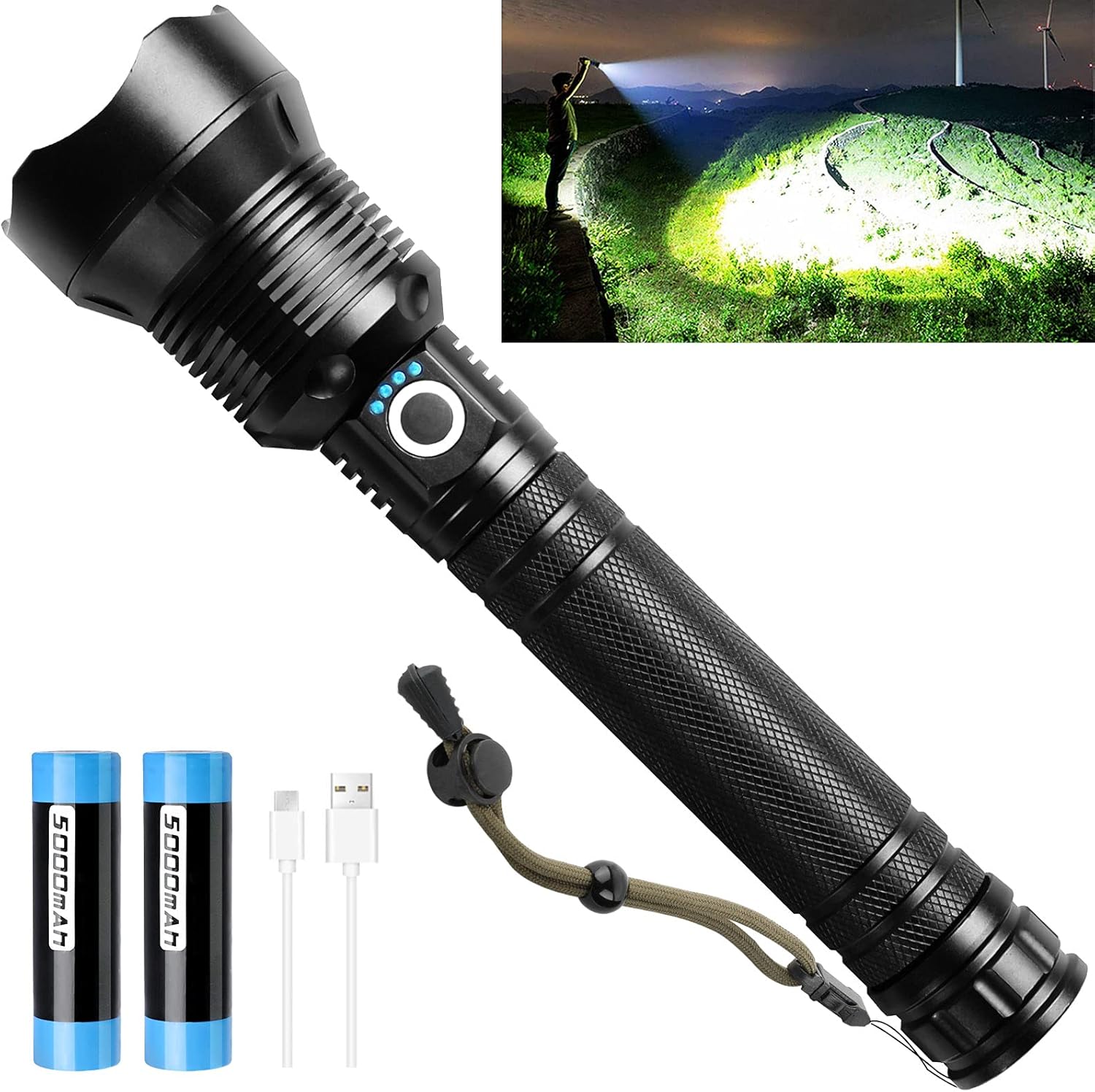 Rechargeable Led Flashlight, 90000 Lumens Super Bright Flashlights High Lumens Powerful Tactical Flashlight with Batteries Included, Waterproof Flashlight for Emergencies (Black) - - 