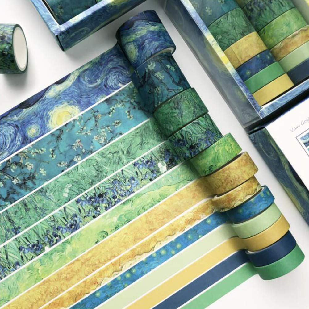 Sofecto 12 Rolls With 4 Sizes Van Gogh World of Colors Washi Tapes, Decorative Washi Masking Tape Colorful Writable Tape for Craft, Scrapbook, Bullet Journal, DIY, Gift Wrapping(Blue)