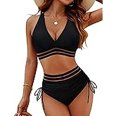 Blooming Jelly Women High Waisted Bikini Sets Tummy Control Swimsuits Color Block Two Piece Drawstring Bathing Suit