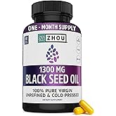 ZHOU Black Seed Oil Capsules - Black Cumin Seed Oil Cold Pressed, Nigella Sativa, Pure Unrefined Blackseed, Premium Supplement for Health, Hair & Skin w/Thymoquinone - 60 Capsules (Pack of 1)