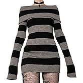 Kimydreama Women Sexy Long Sleeve Bodycon Striped Mini Dress Off Shoulder Slash Neck Knitted Wrapped Short Sweater Dress