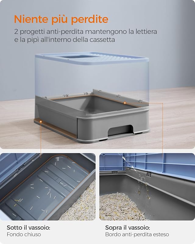 Lettiera per Gatti Nascosta, Casetta per Lettiera, Vassoio Estraibile, Paletta, Spazzola, Ampio per Gatti Grandi, Portata 15 kg, Meno Tracce, Blu Pallido e Grigio Tortora PPT001Q01