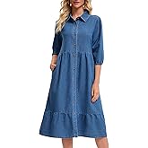 CIMUK Women's Denim Dress 3/4 Sleeve Button Down Collar A Line Swing Tiered Midi Jean Dresses