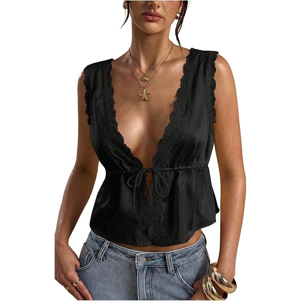 SOLY HUX Women's Y2k Lace Trim Open Tie Front Tank Top V Neck