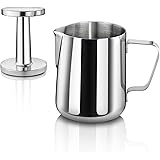 New Star Foodservice 28829 Commercial Grade Stainless Steel 18/8 12 oz Frothing Pitcher and Die Cast Aluminum Tamper Combo Set, Silver