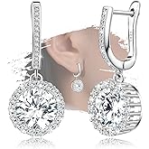 Sterling Silver Dangle Earrings with White Gold Plated Hoop Drop Charms Round Halo Earring Dainty Cubic Zirconia Hypoallergenic Fashion Jewelry Birthday Gift for Women