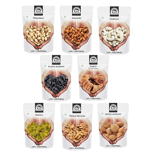 WONDERLAND FOODS (DEVICE) Dry Fruits Combo with Pistachios, Almond, Cashew, Black and Golden Raisins, Anjeer, Walnut Kernel, Dried Apricot (100 g Each, 800 g)- Pack of 8