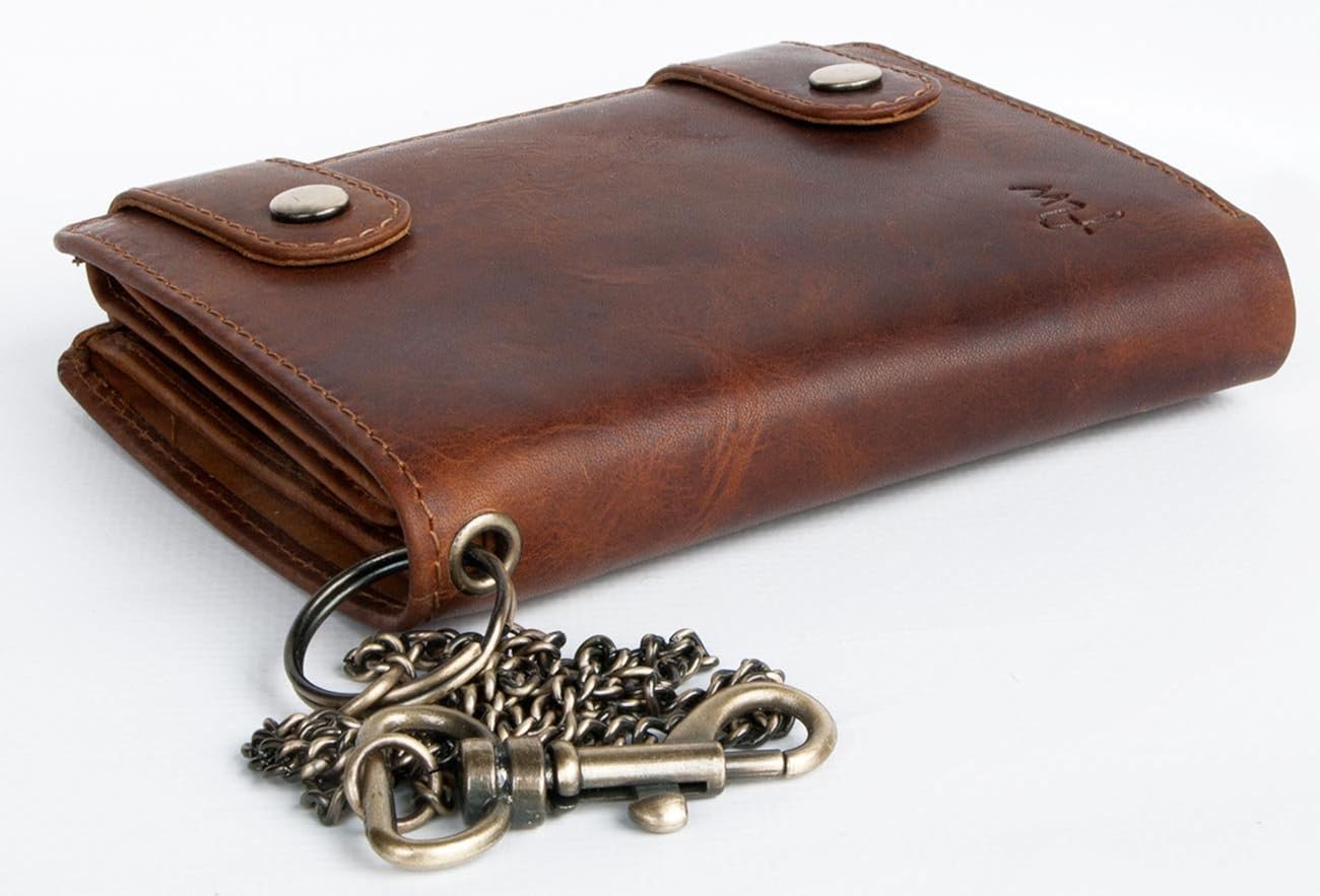 FLW Natural Leather Biker's Pure Leather Wallet with Metal Chain, Tan - Image 3