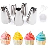 Pridebit Cupcake/Cake Decorating Tips 5 [Extra Large] [4 Classic Tips+1 Ruffle Tip] Stainless Steel Piping Icing Tips 1 Coupler 10 Disposable Pastry Bag