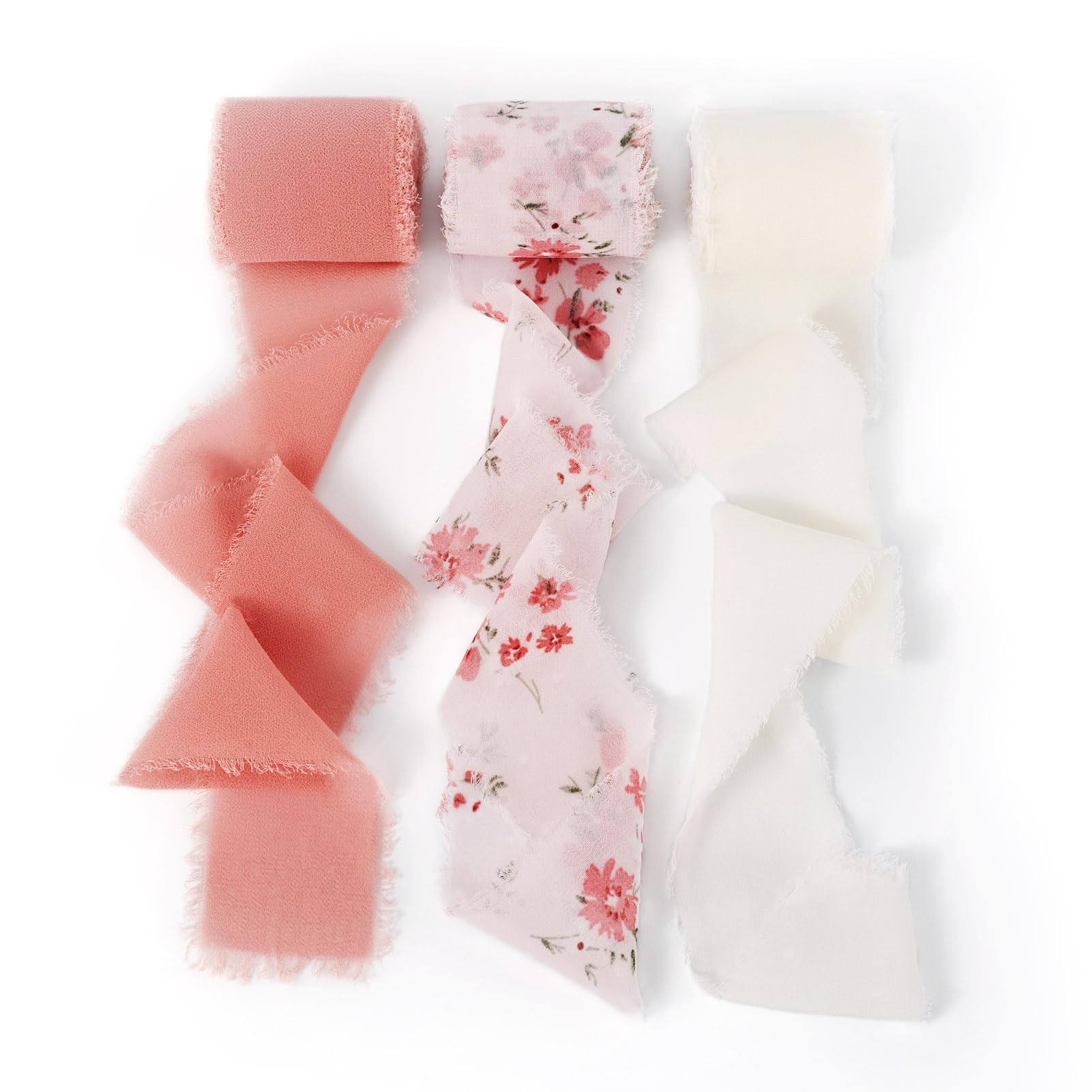 Crafans 3 Rolls Chiffon Ribbon Pink Silk-Like Frayed Edges Ribbon Flower Printed Raw Edged Ribbons Soft Polyester Ribbons for DIY Crafts Wrapping Bridal Bouquets