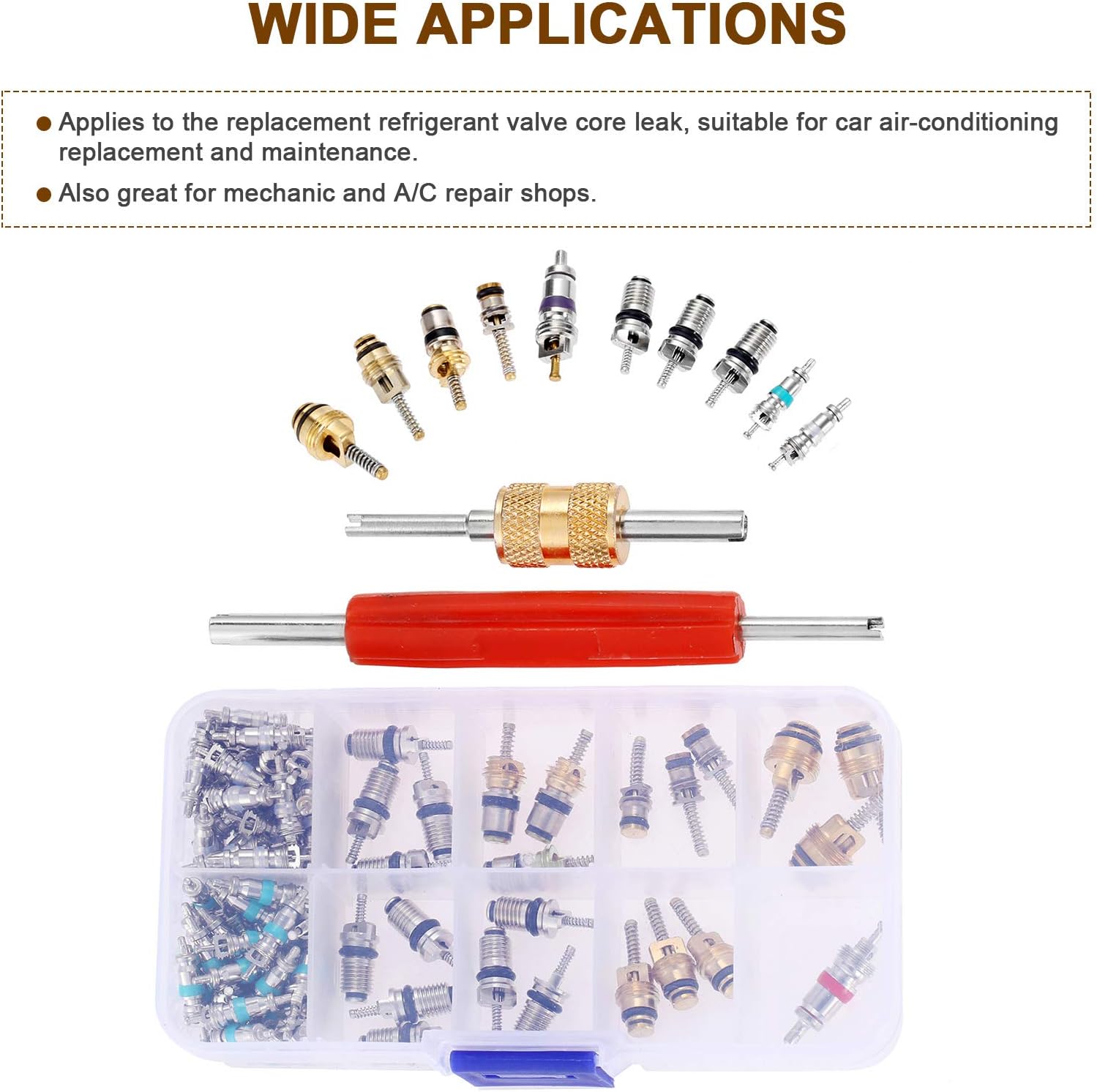 102Pcs Car Air Conditioning Valve Core Kit, Auto AC Repair Complete Tool Box Set, A/C R12 R134A 100Pcs Refrigeration Tire Valve Stem Cores, 2Pcs Removal Tool, for Car Air Contitionaing Repair: Automotive