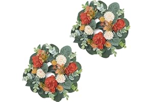 WELL KNOWN 2 Pcs Mini Fall Orange Floral Candle Rings Wreaths for Pillars Home Table Window Decor, 9 Inches Artificial Flower Cabinet Wreath for Autumn Kitchen Farmhouse Wedding Party (Orange Delphinium)