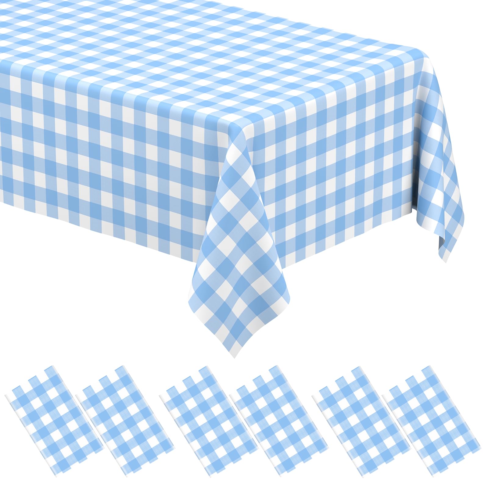 Photo 1 of 6 Pack Light Blue Gingham Tablecloth Rectangular Pale Blue and White Checkered Tablecloths Disposable Plastic Plaid Table Cover for Parties, Outdoor Picnic, Birthday, Wedding, Camping 54 × 108 Inch