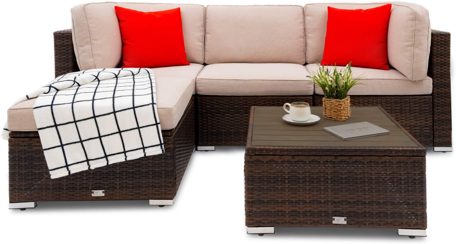 OAKVILLE FURNITURE 61105 5-Piece Outdoor Patio Furniture Rattan Sectional Sofa Conversation Set Brown Wicker, Beige Cushion