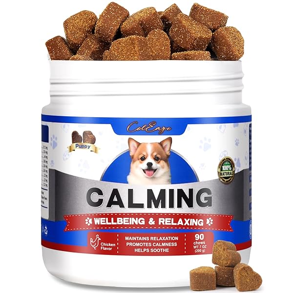 COLEAZE DOG CALMING CHEWS, HEMP CALMING CHEWS FOR DOGS – PURE NATURAL INGREDIENTS CALMING TREATS, AID WITH SEPARATION BARKING, VET VISITS, THUNDERSTORMS, 90 COUNT CHICKEN FLAVOR, BROWN