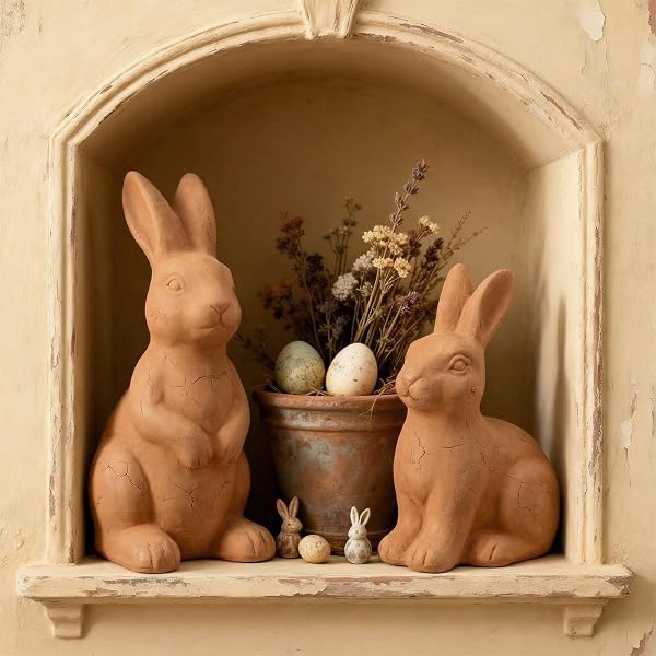 FOLDTIER 2 PCS EASTER TERRACOTTA BUNNY FIGURINES DECORATIONS HANDMADE RUSTIC RABBIT STATUES EASTER VINTAGE STANDING SITTING RABBIT FARMHOUSE BUNNY DECOR FOR SPRING HOME INDOOR TABLE SHELF CENTERPIECE