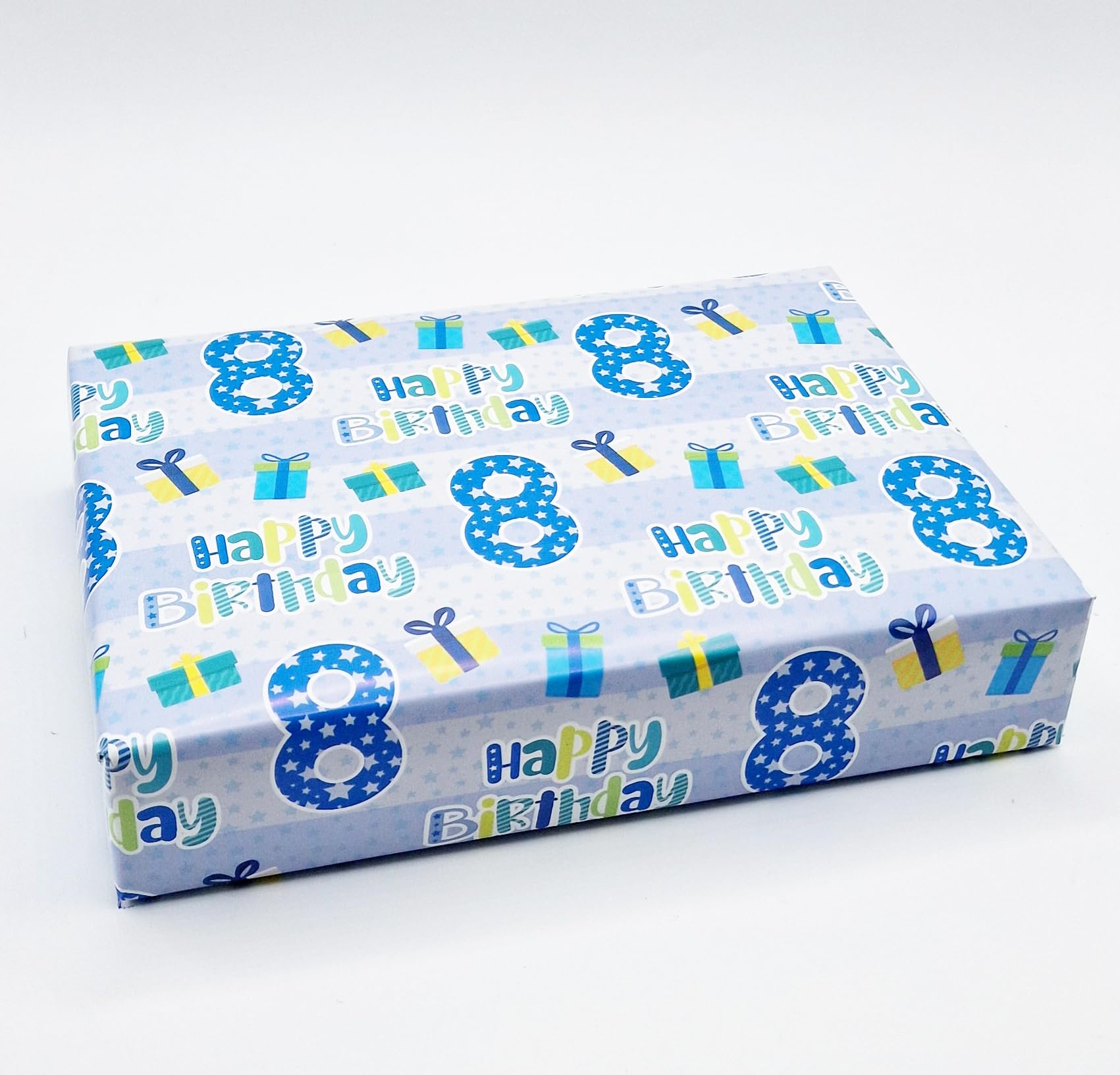 4 Sheets + 4 Gift Tags 8th Birthday Boy Blue Wrapping Paper Age 8 Cute Birthday Giftwrap Blue (PA)