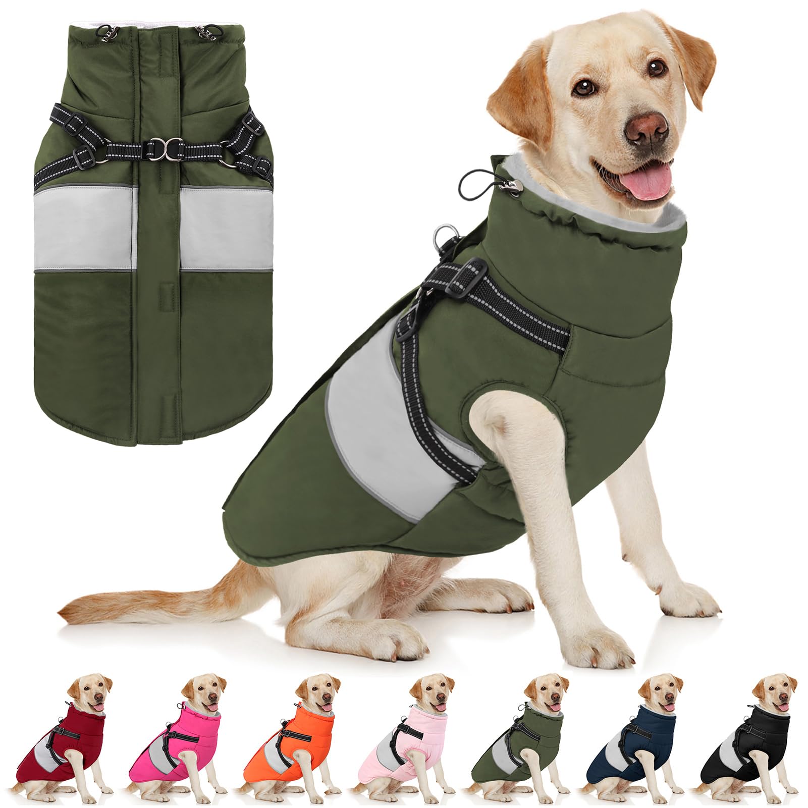 AOFITEE Dog Coat, Large Dog Jacket, Dogs Coat with Harness Built in, Reflective Waterproof Dogs Jackets Winter with Furry Collar, Warm Polar Fleece Pet Sweater Snowsuit for Doberman, Great Dane, XXL Image