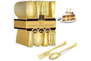 100 PCS Gold Mini Forks and Spoons (4 Inch), 50 Gold Dessert Forks And 50 Mini Dessert Spoons Heavy Duty Mini Cutlery for App
