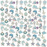 WADORN 100Pcs 20 Styles Ocean Theme Enamel Charms, Blue Dolphin Seahorse Mermaid Shell Charm Blue Sea Animals Pendants Bulk for Jewelry Making DIY Bracelet Necklace Earrings Keychain Accessories