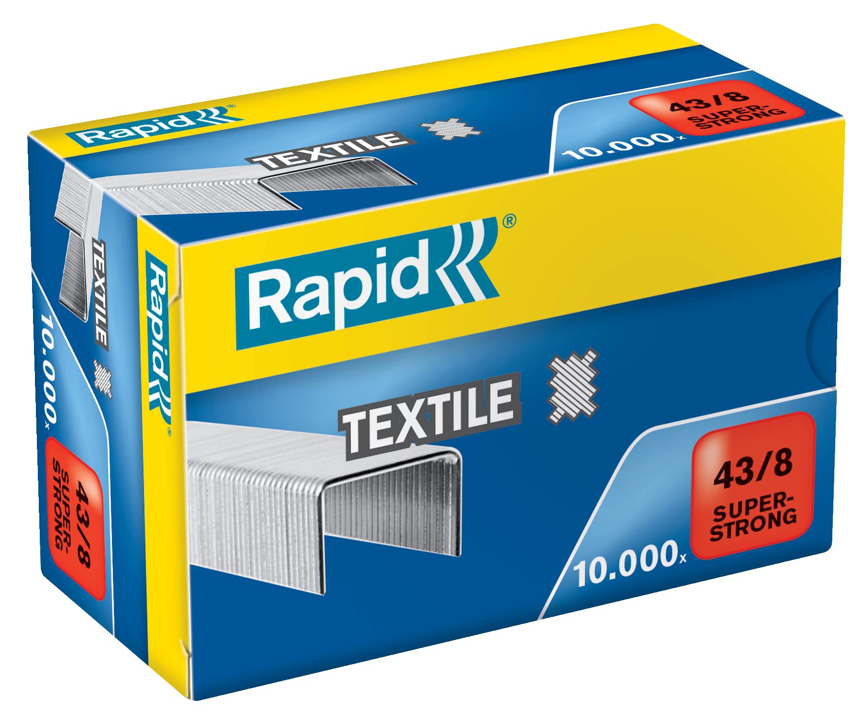 Rapid 43/8mm Super Strong Textile Staples, Staples up to 14 Sheets, Use with Rapid K1 Pliers, Galvanised Wire, Box of 10,000, 24872300