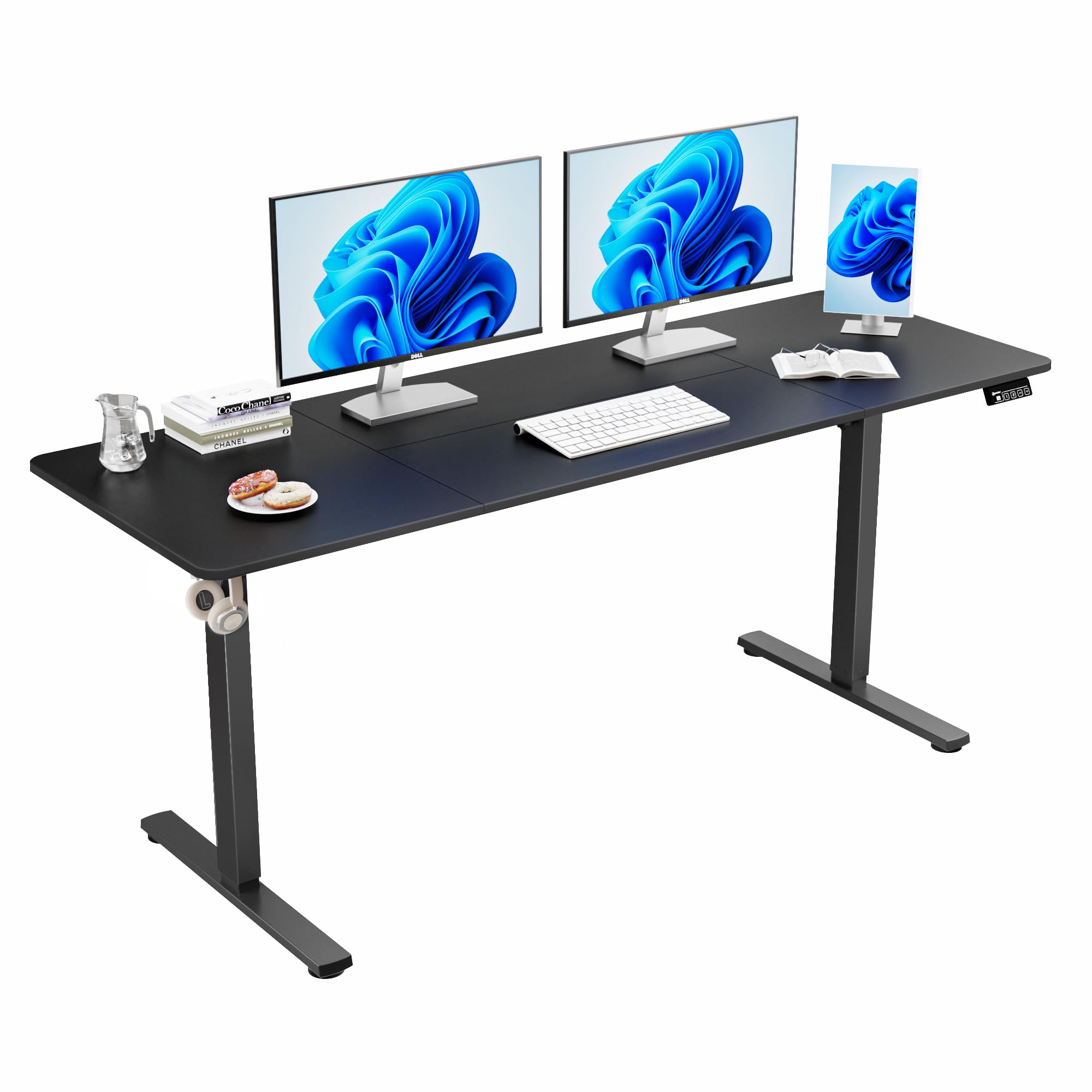 Photo 1 of **It is used, it is missing a part and it is not known if it works 100%****ERGOMAKER Electric *Standing Desk, 67" x 23.6" Height Adjustable Sit Stand Desk with Splice Board for Home Office, Computer Table Memory Preset (Black Frame, Black Desktop)