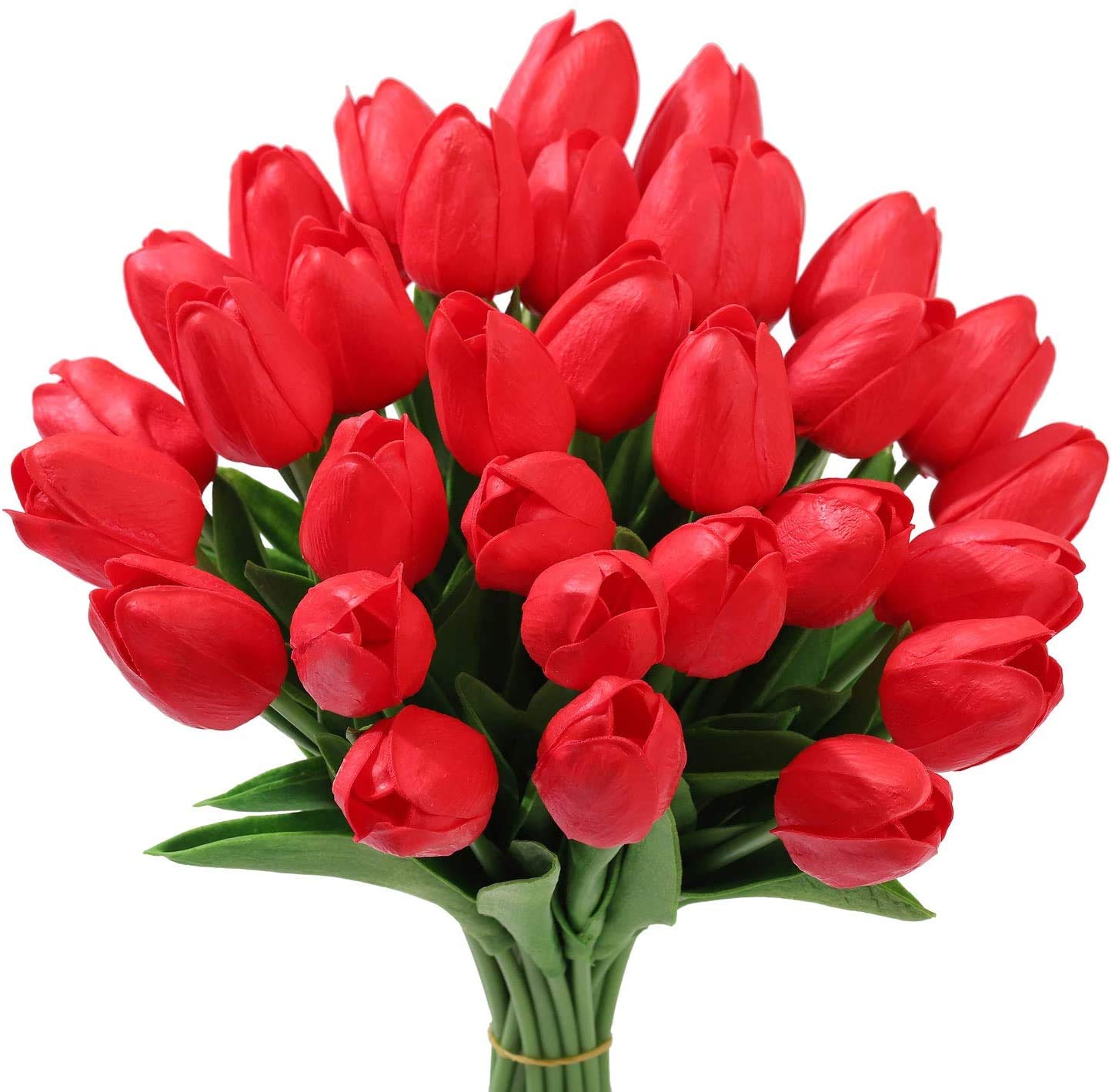 Tifuly 24 Pcs Fake Tulip Bouquet Artificial Flower Faux Tulip Latex Material Real Touch for Wedding Party Home Office Room Hotel Decor and DIY Floral Arrangements(Red)