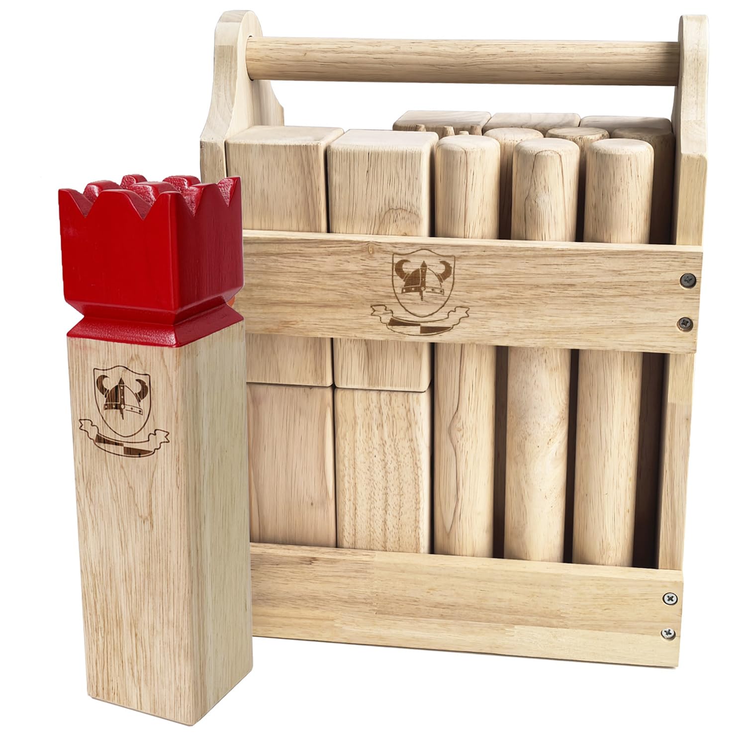 Jac & Mok Kubb Game Set - Hardwood Viking Games with Rubber Wood Crate -KUBB Throwing Outdoor Games (Regulation, Red King) — image 1
