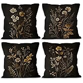 MONALET Dark Academia Cottagecore Botanical Throw Pillow Covers 18x18 Set of 4, Vintage Fall Moody Floral Wildflower Decor Pillow Cases for Bedroom Living Room, Rustic Farmhouse Pillowcases for Couch