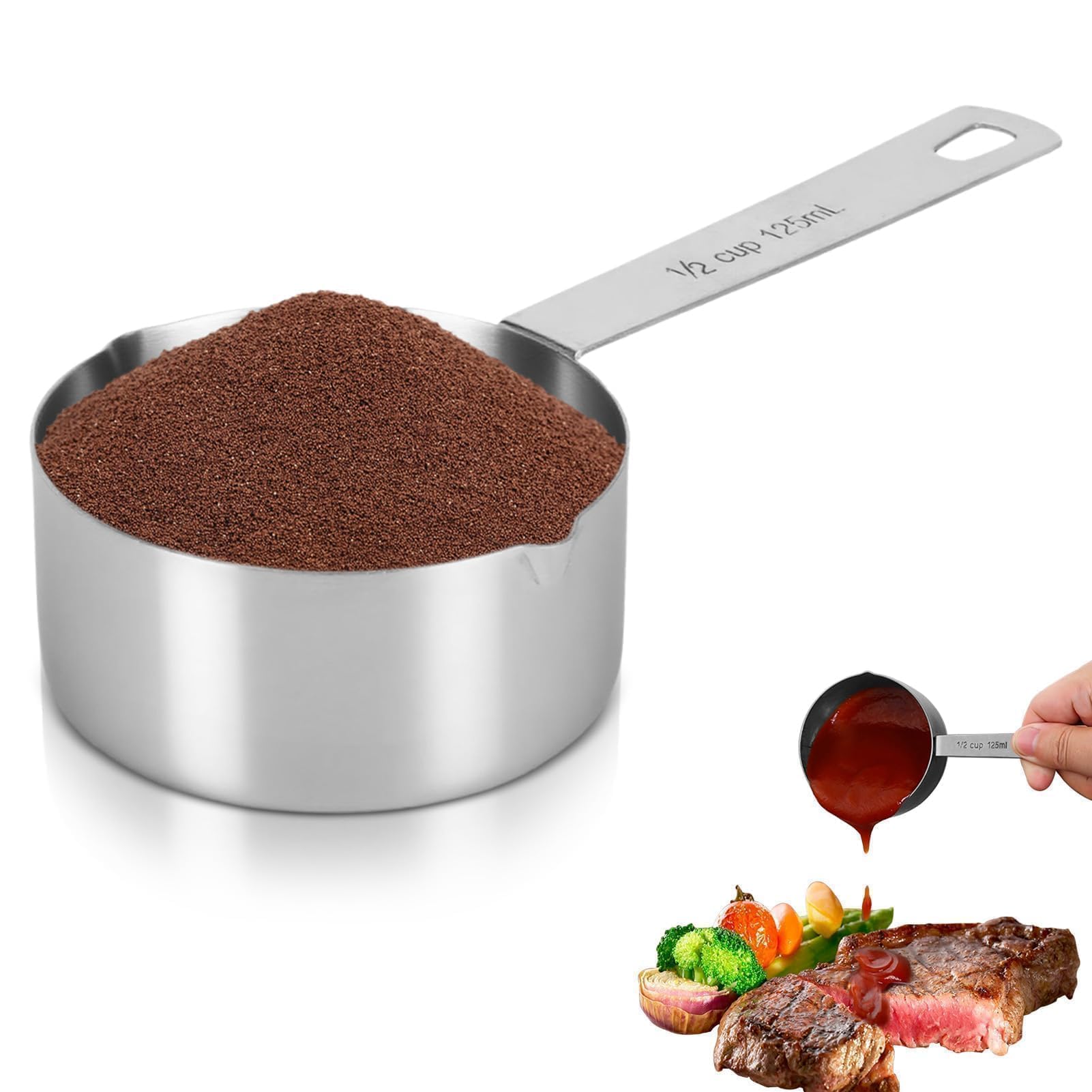 Measuring Cup, 1/2 Stainless Steel Measure Spoon Cups with Scales Storage Rings Dual Pour Mouth Scoop Kitchen Supplies(1/2 Measuring Cup)
