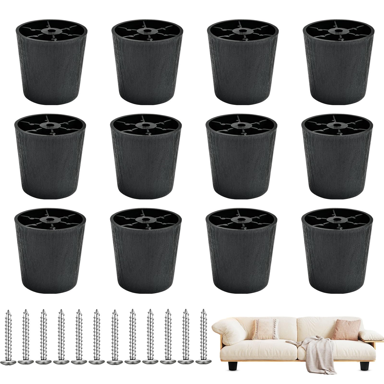 Photo 1 of Supkiir 12 Pack 2 inch Plastic Furniture Legs, Round Tapered Black Couch Legs, Screw-in Sofa Legs Replacement Legs with M5 Screws for Furniture Couch Table Sofa Cabinet