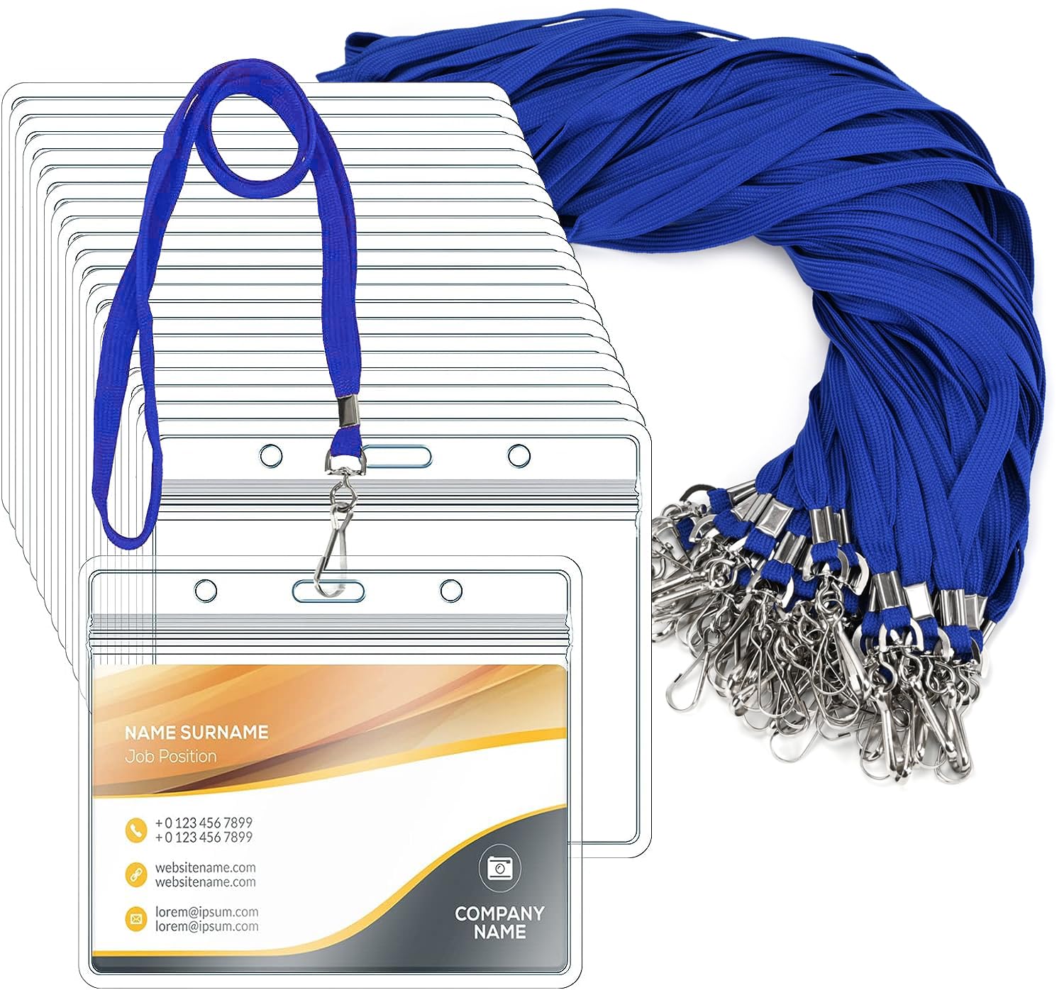 50 Pack Clear Plastic Horizontal Name Tags Badge ID Card Holders and 50 Pack Flat Neck Lanyards with Swivel Hook, Blue