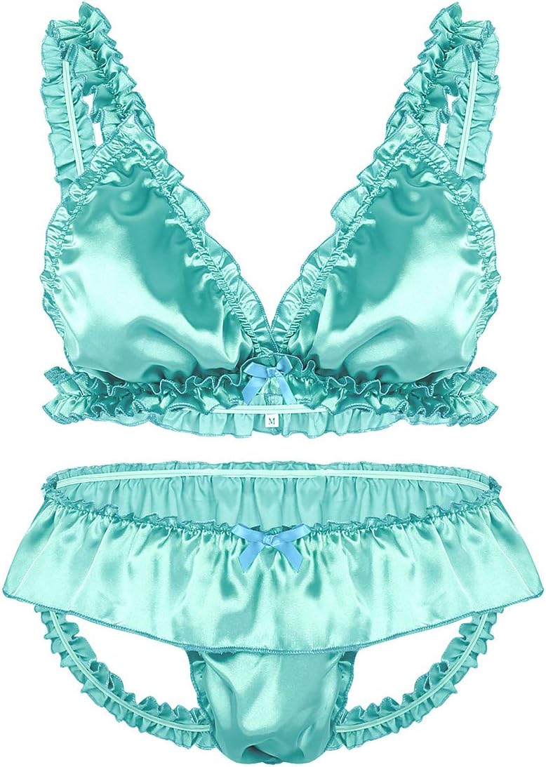Mens Soft Satin Ruffled Frilly Bra Top Sissy Skirted Bikini Briefs 2Pcs Lingerie Set Girly Costume
