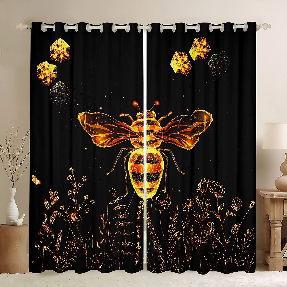 Loussiesd Bee Curtain 3D Animals Darkening Window Drapes for Bedroom Golden Bee Blackout CurtainsFloral Window Treatments W46*L54 — image 1