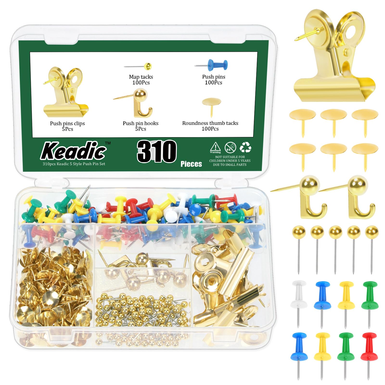 Keadic 310Pcs 5 Style Push Pin Assortment Set with Storage Box, Corkboard Thumb Tacks Decorative Bulletin Board Pushpins Picture Hanging Pin for Home Office School Wall (Gold)
