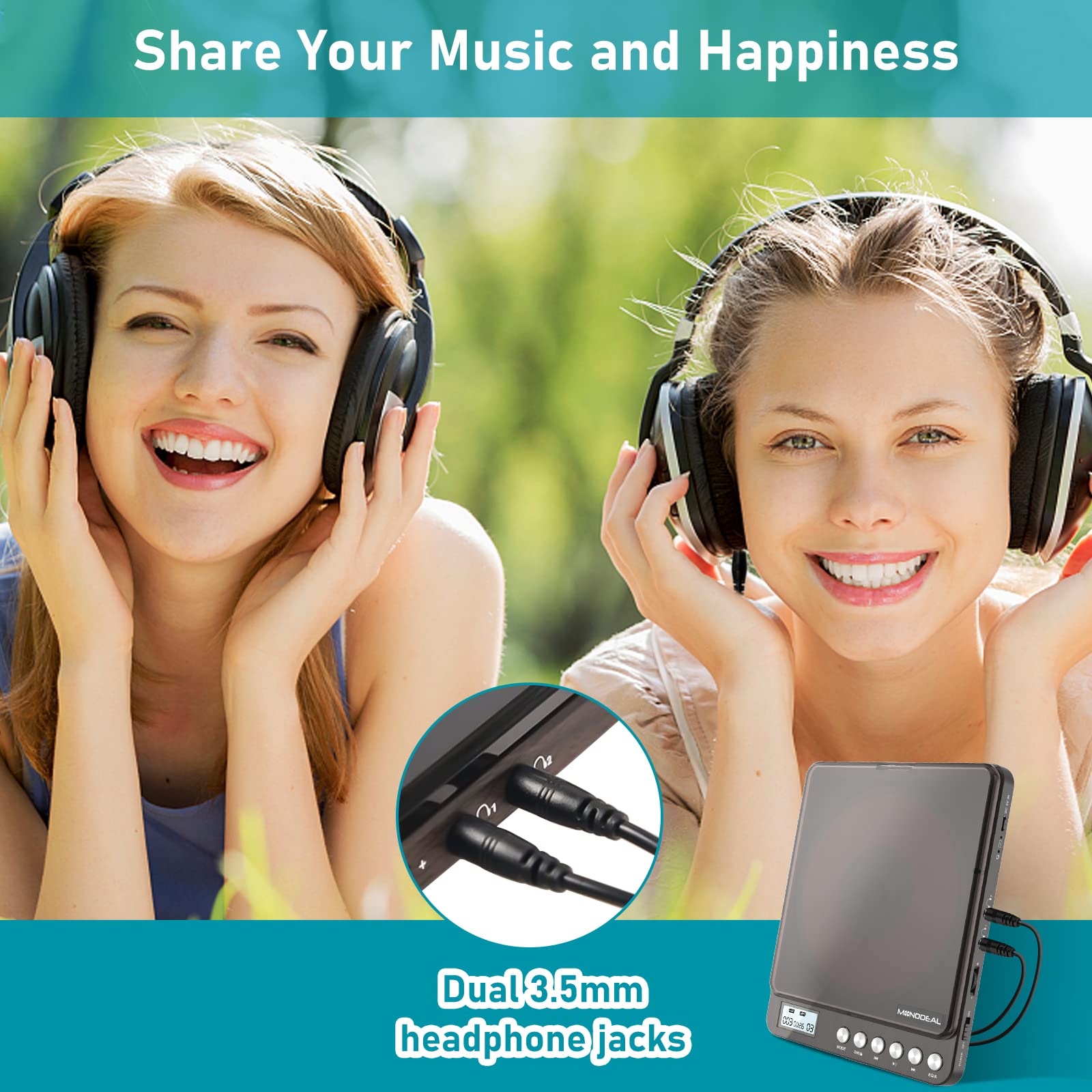 CD Player Portable, MONODEAL Portable Rechargeable Player with Dual Headphones Jack, Small Anti-Skip CD Player for Car/Travel/Home, Personal CD Player for Adults Kids (Dark Brown)