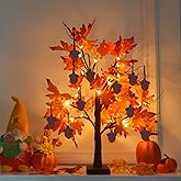 YEAHOME Fall Decorations for Home, Thanksgiving Decorations, 24”/2FT Lighted Fall Maple Leaves Tree with 24 LEDs for Autumn Decor, 12 Wood Acorns Ornaments Battery Powered Timer for Table Indoor