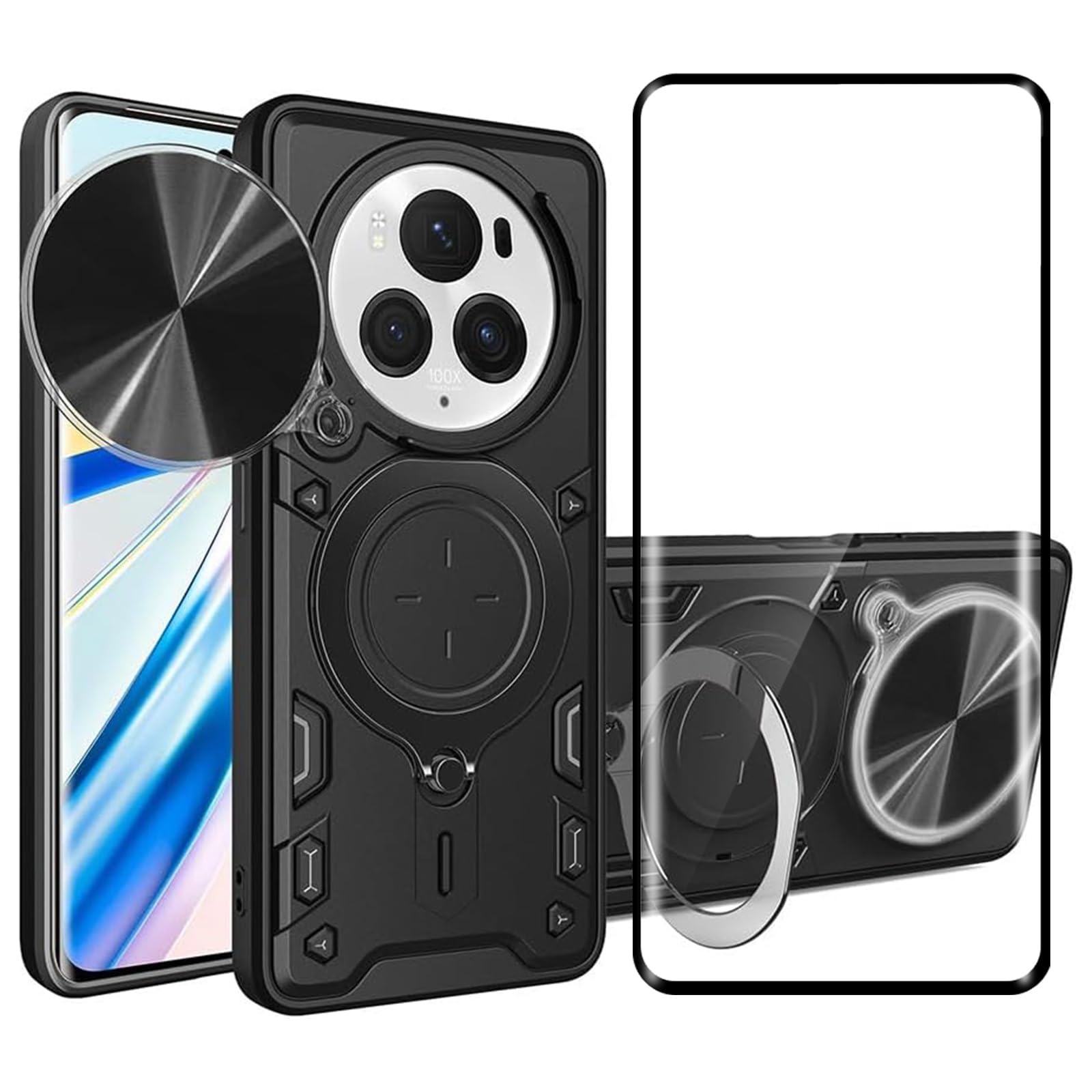 KUSINHOKA Case for Honor Magic 6 Pro 5G + 1 Pack Screen With Slide Camera Protection Cover,Magnetic Metal Ring Kickstand Shockproof Military Grade Heavy Duty Tough Cover,Black