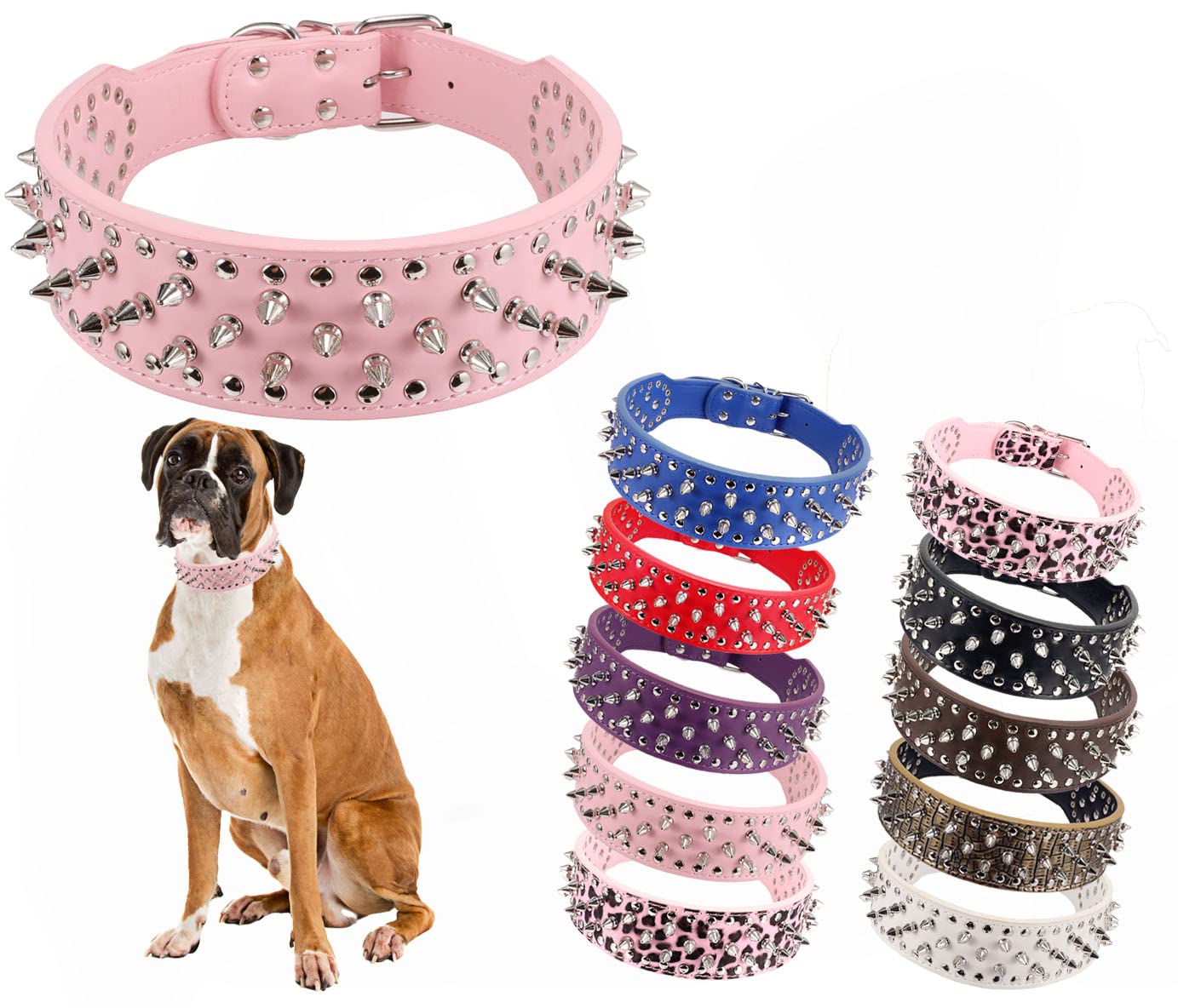 Photo 1 of BTDCFY Hoot PU Leather Adjustable Spiked Studded Dog Collar 2" Wide 37 Spikes (M(Neck 19"-22"), Pink)