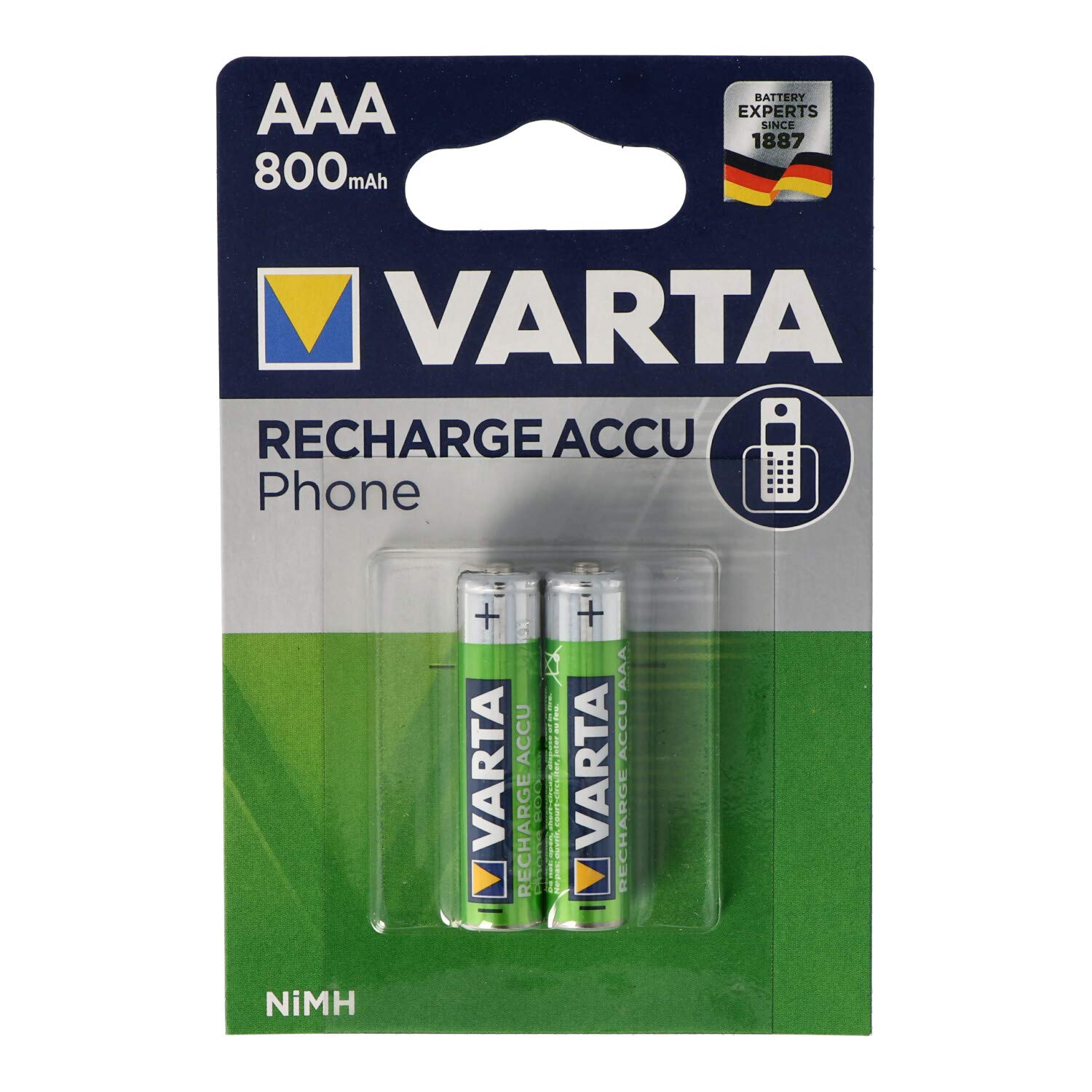 VARTA Batteries AAA, rechargeable, pack of 2, Recharge Accu Phone, Akku, 800 mAh Ni-MH, ready to use, suitable for cordless phones