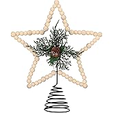 Gejoy Christmas Beaded Star Tree Topper Farmhouse Rustic Decoration with Berries Pine Cones Neutral Christmas Star Topper for Tree Decorations(Cone,Wooden)