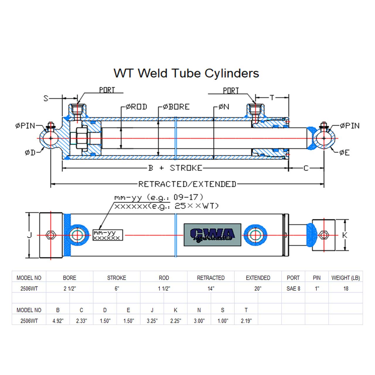 CWA Hydraulics WT Weld Cross Tube Hydraulic Cylinder 2 Bore x 6 Stroke