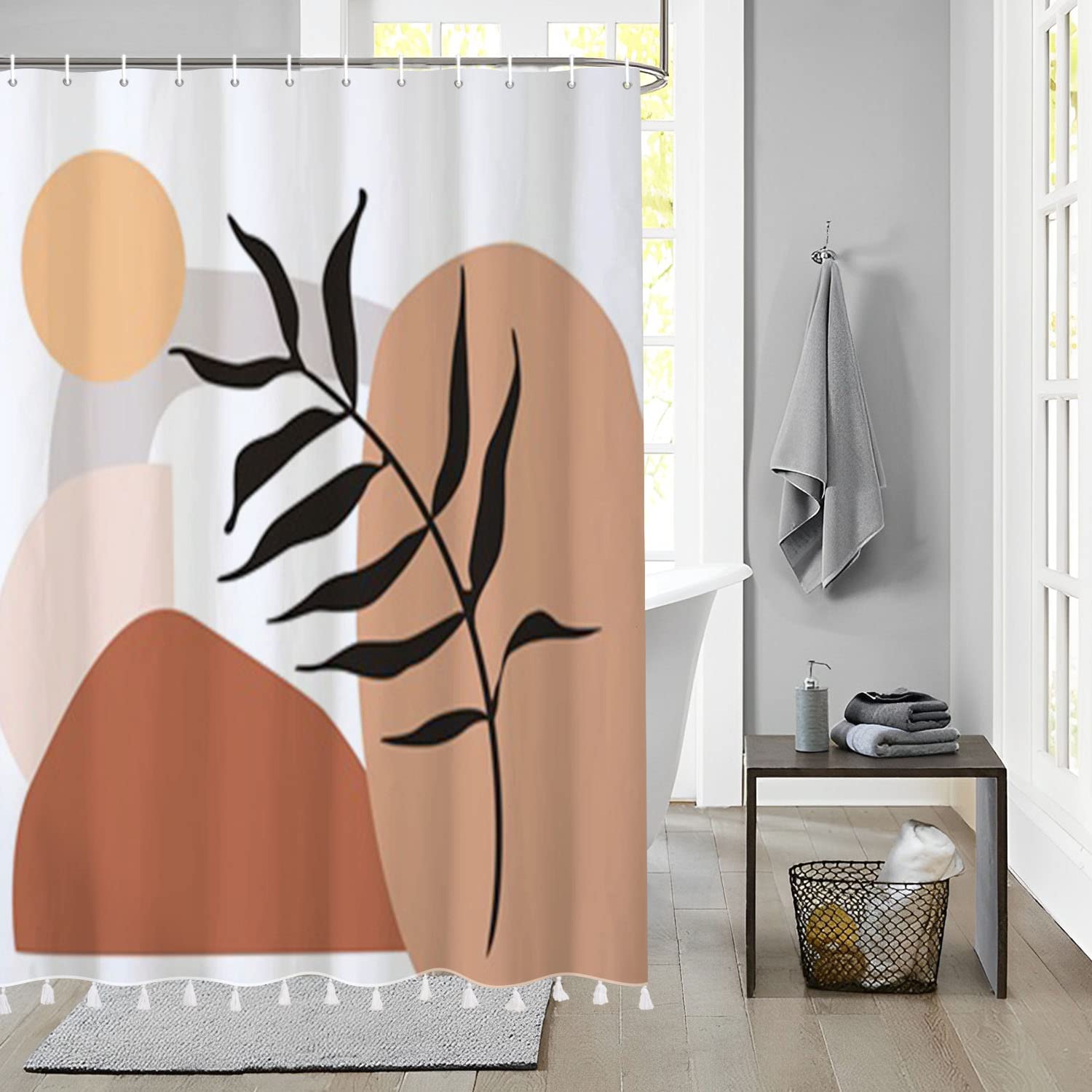 Bovlleetd Abstract Shower Curtain with Tassel Medieval Boho Geometric Graffiti Bathroom Curtain Plant Sun Minimalist Home Tub Decor Curtain Waterproof Modern Girl Boy Kids Room Art Curtain 71x71inch — image 1