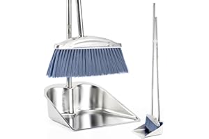 VOOWO Broom with Dustpan Combo Set, 46" Stainless Steel Broom and Dustpan Set for Home, Heavy Duty Dust Pan with Long Handle, Broom for Sweeping Indoor and Outdoor, Kitchen Broom and Dust Pan (Grey)