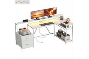 HOMCOM 76" Gaming Desk, Reversible Computer Table with RGB Lights, Power Outlets, USB Ports, Monitor Stand and 2 Fabric Drawe