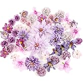 LACGO 48 PCS Artificial Flowers Heads, Fake Daisy Heads Bulk Silk Faux Rose DIY Cake Decor Blossom Garland Wreath Bouquets Crafts for Halloween Wedding Bridal Baby Shower Home Party Decoration(Purple)