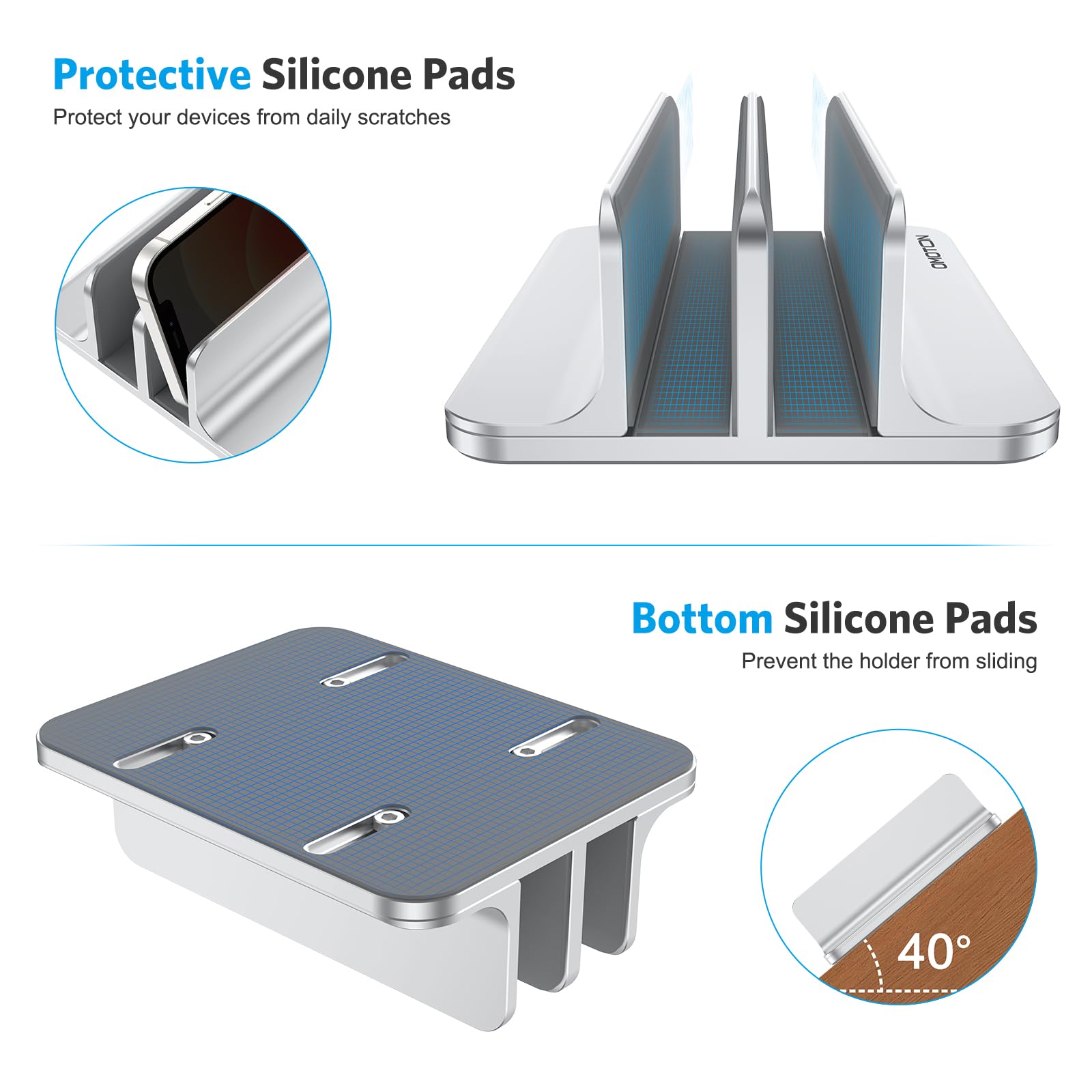 OMOTON [Updated Dock Version Vertical Laptop Stand, Double Desktop Stand Holder with Adjustable Dock (Up to 17.3 inch), Fits All MacBook/Surface/Samsung/HP/Dell/Chrome Book (Silver) - Image 7