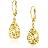 LANCHARMED 925 Sterling Silver 14K Gold French Style Leverback Earrings, Heart Dangle Drop Earrings for Women Hypoallergenic Jewelry