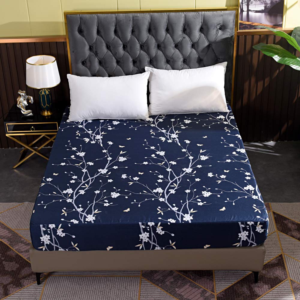Photo 1 of Hecnoey Floral Printed Bed Fitted Sheets for Audlt,Deep Pocket Soft Fitted Sheet Only (Navy Blue,Queen)